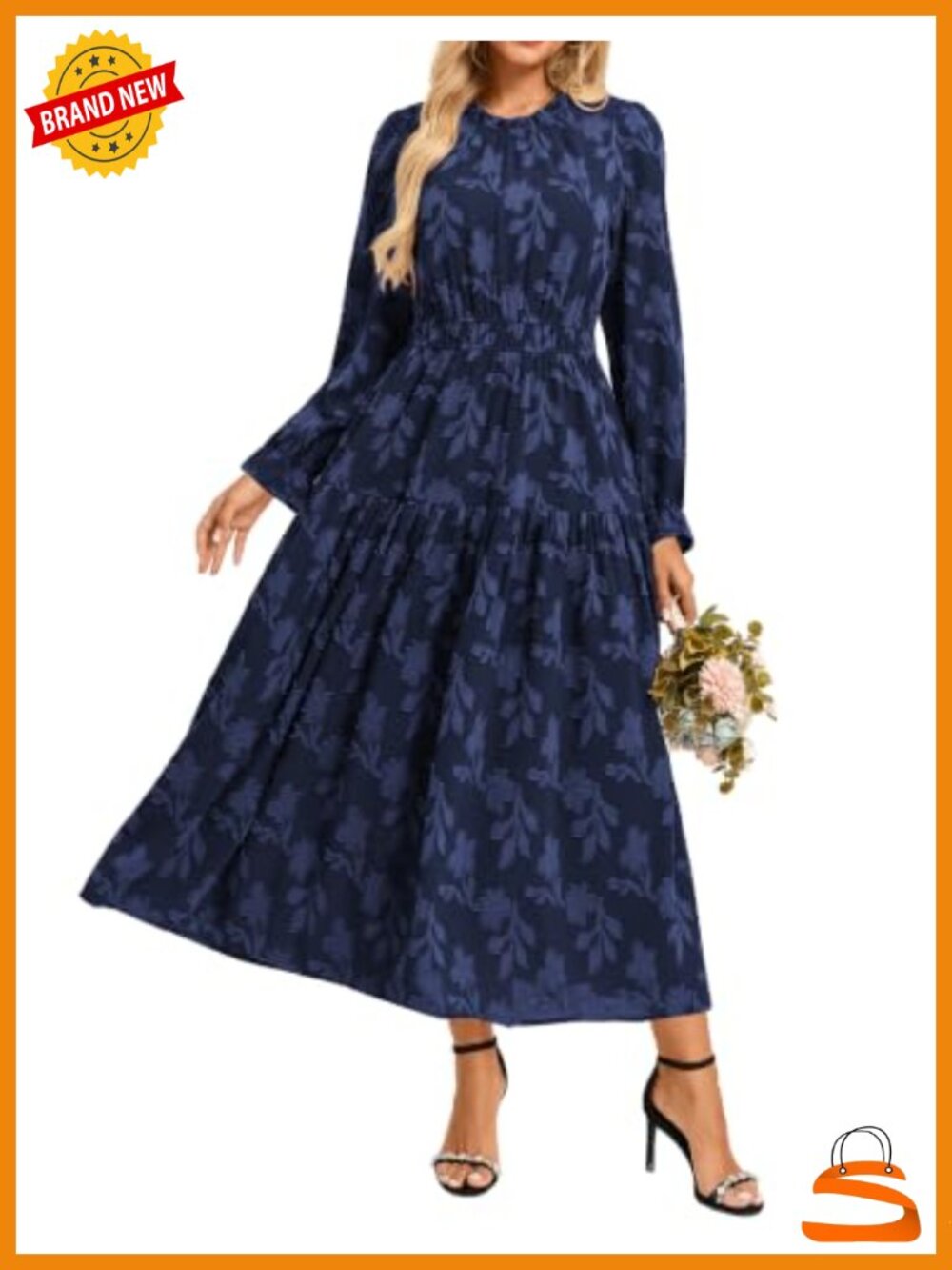 Women's Long Sleeve Floral Midi Dress A-Line Wedding Guest